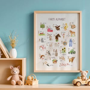 Alfabeto della fattoria stampabile, alfabeto della fattoria ad acquerello, alfabeto degli animali della fattoria, poster dell'alfabeto della fattoria, decorazioni per la cameretta a tema fattoria, Montessori stampabile immagine 2