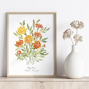October Birth Flower Print, Marigold Birth Flower Print, Woodland Nursery, October Birthday Gift, Personalized Baby Gift, Birth Flower Art,