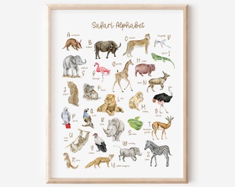 Safari Nursery Decor, Safari Alphabet, Watercolor Safari Art, Safari Kids Decor, Gender Neutral Nursery, Animal Alphabet Poster, Baby Boy