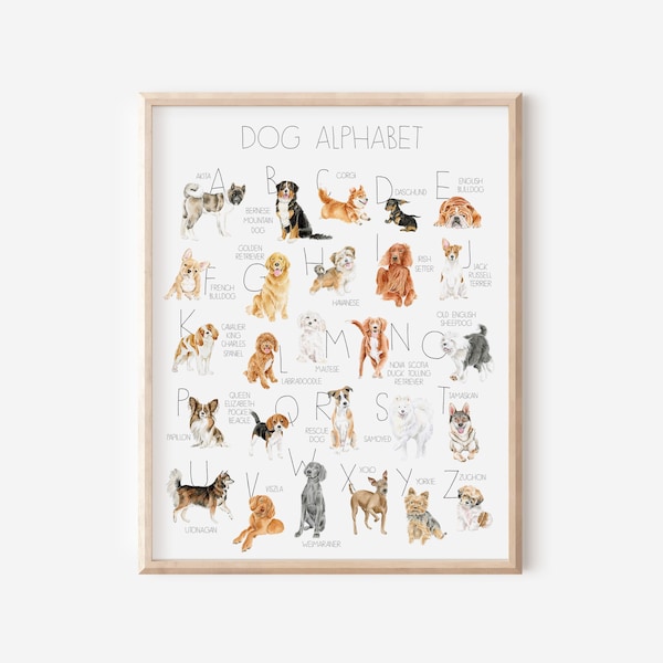 Dog Alphabet Print, Dog Nursery Decor, Dog Playroom Decor, Dog Breed Alphabet, Dog Alphabet Poster, Dog Lover Nursery, Dog Lover Kids Gift