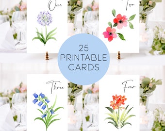 Números de mesa florales imprimibles, números de mesa con flores de acuarela, números de mesa florales para bodas, números de mesa con flores silvestres, descarga digital