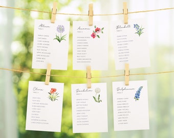 Plantilla de tabla de asientos de flores silvestres, plantilla de tabla de asientos florales, tarjetas de tabla de asientos de flores imprimibles, tabla de asientos de bodas de flores silvestres