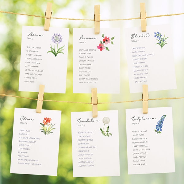 Wildflower Seating Chart Template, Floral Seating Chart Template, Printable Flower Seating Chart Cards, Wildflower Wedding Seating Chart
