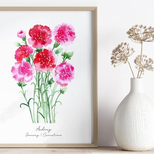 January Birth Flower Print, Carnation Watercolor Print, Girl Nursery Decor, Custom Birth Flower Art, January Birthday, Baby Shower Gift