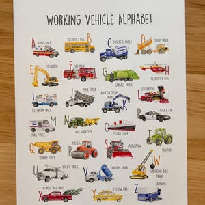 May include: A colorful print titled "Working Vehicle Alphabet" features illustrations of various vehicles, each labeled with a letter. The vehicles include an ambulance, school bus, concrete mixer, dump truck, excavator, fire truck, and more. The print is on a white background.