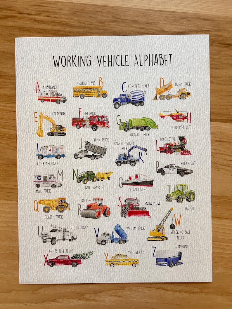 May include: A colorful print titled "Working Vehicle Alphabet" features illustrations of various vehicles, each labeled with a letter. The vehicles include an ambulance, school bus, concrete mixer, dump truck, excavator, fire truck, and more. The print is on a white background.