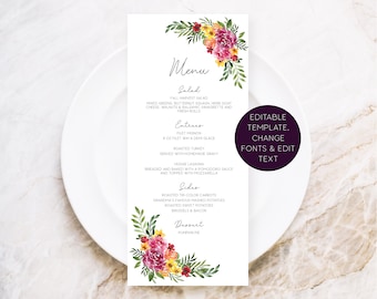 Autumn Menu Template, Floral Watercolor Menu for Fall, Fall Flowers Wedding Menu, Fall Colors Wedding Menu, Burgundy Floral Wedding Menu