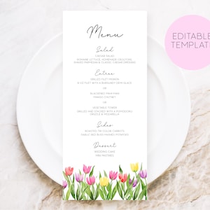 Menú de boda Tulipán, Plantilla de menú floral, Menú floral brillante, Menú De flores De acuarela, Tarjeta de menú imprimible, Menú de boda de primavera, Tulipanes