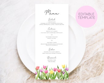 Tulpen Menü, Florale Menüschablone, Helle Blumen Menü, Aquarell Blumen Menü, druckbare Menükarte, Frühling Hochzeit Menü, Tulpen