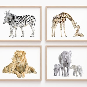 Safari Watercolor Prints, Safari Nursery Decor, Handpainted Nursery Art, Watercolor Animals, Mom and Baby, Elephant, Lion, Zebra, Giraffe