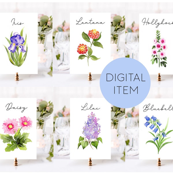 15 Printable Floral Table Cards, Printable Watercolor Flower Table Card, Flower Table Names, Table Names by Flower, Wildflower Wedding Decor