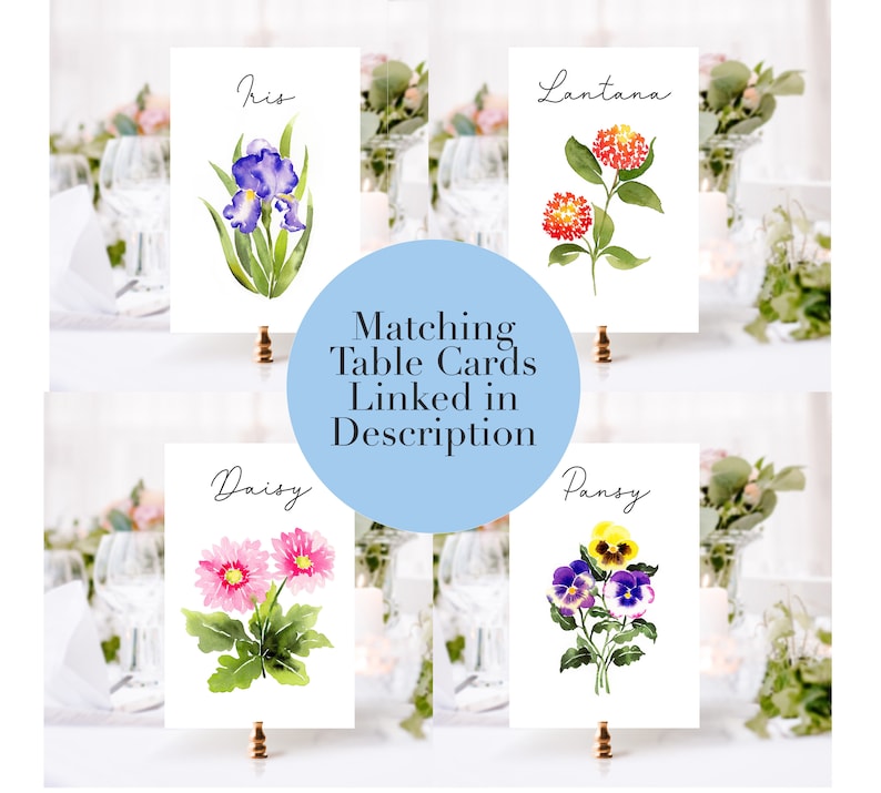 Puede incluir: Cuatro tarjetas de mesa florales de acuarela con los nombres Iris, Lantana, Daisy y Pensamiento. Cada tarjeta presenta una flor diferente sobre un fondo blanco.