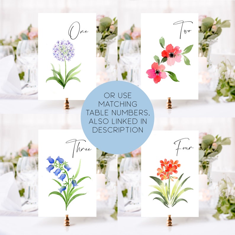Puede incluir: Cuatro tarjetas de n&uacute;mero de mesa de acuarela con ilustraciones florales. Los n&uacute;meros son "Uno", "Dos", "Tres" y "Cuatro".