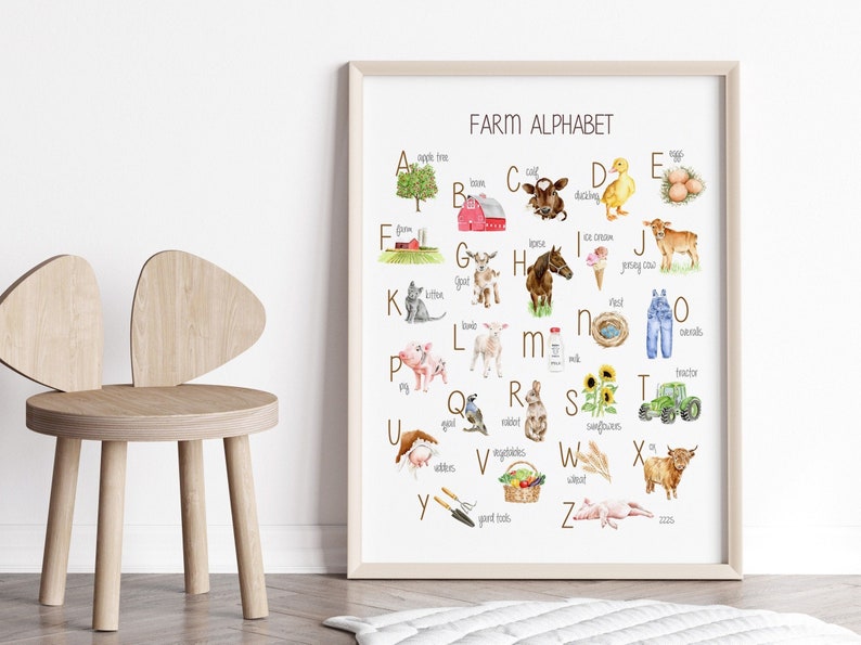 Pu&ograve; includere: Un grafico dell'alfabeto colorato con illustrazioni a tema agricolo. Ogni lettera dell'alfabeto &egrave; abbinata a un animale da fattoria, un oggetto o un'attivit&agrave;, come un melo, un fienile, un vitello, un anatroccolo, uova, una fattoria, una capra, un cavallo, gelato, una mucca jersey, un gattino, un agnello, latte, un nido, una salopette, un maiale, una quaglia, un coniglio, girasoli, un trattore, una mammella, verdure, grano, buoi, attrezzi da giardino e un maialino.