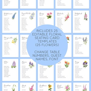 Puede incluir: Un conjunto de 25 plantillas de tarjetas de asiento floral editables con diferentes flores, incluyendo an&eacute;mona, campanilla, clivia, diente de le&oacute;n, delfinio, nomeolvides, margarita, gladiolo, malvavisco, madreselva, hortensia, lila, lupino, pensamiento, campanilla de invierno, estoque, girasol, pensamiento silvestre y ver&oacute;nica. Cada plantilla incluye un n&uacute;mero de mesa y espacio para los nombres de los invitados. El texto "Incluye 25 plantillas de tarjetas de asiento floral editables (25 flores)" y "Cambiar los n&uacute;meros de mesa, los nombres de los invitados, la fuente" tambi&eacute;n est&aacute; incluido.