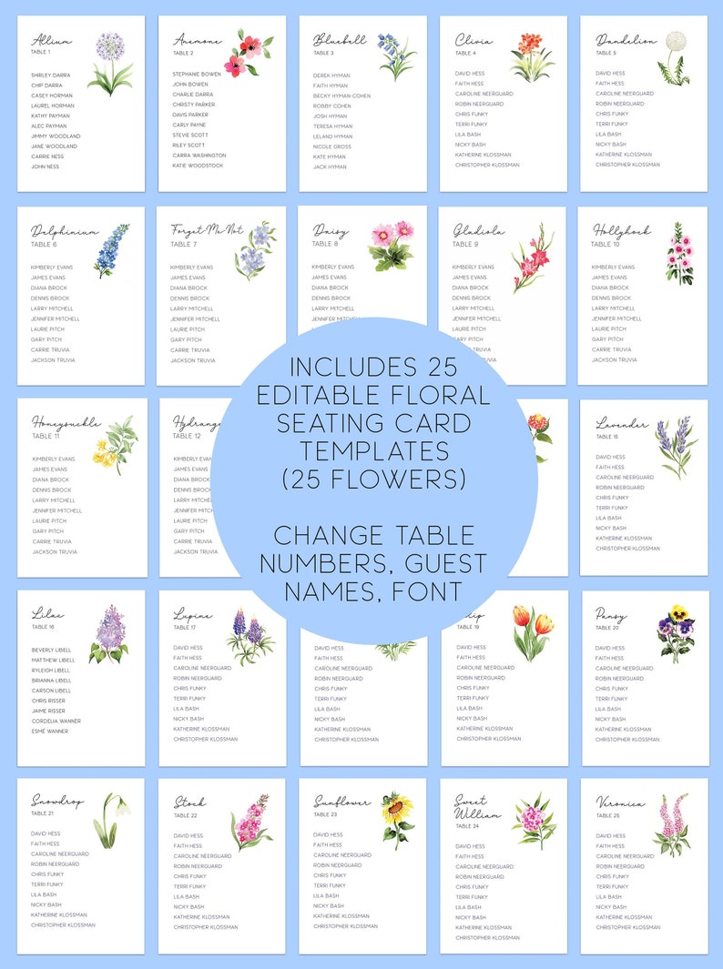 Puede incluir: Un conjunto de 25 plantillas de tarjetas de asiento floral editables con diferentes flores, incluyendo an&eacute;mona, campanilla, clivia, diente de le&oacute;n, delfinio, nomeolvides, margarita, gladiolo, malvavisco, madreselva, hortensia, lila, lupino, pensamiento, campanilla de invierno, estoque, girasol, pensamiento silvestre y ver&oacute;nica. Cada plantilla incluye un n&uacute;mero de mesa y espacio para los nombres de los invitados. El texto "Incluye 25 plantillas de tarjetas de asiento floral editables (25 flores)" y "Cambiar los n&uacute;meros de mesa, los nombres de los invitados, la fuente" tambi&eacute;n est&aacute; incluido.
