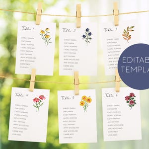 Plantilla para plano de asientos con motivos florales de otoño, plano de asientos con motivos de flores silvestres, plano de asientos para bodas de otoño, tarjetas para planos de asientos imprimibles, boda rústica