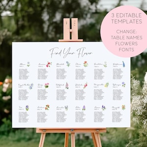 Plantilla de plano de asientos con flores silvestres, plano de asientos floral, plano de asientos imprimible, decoración de boda con acuarela, plantilla digital, boda en el jardín