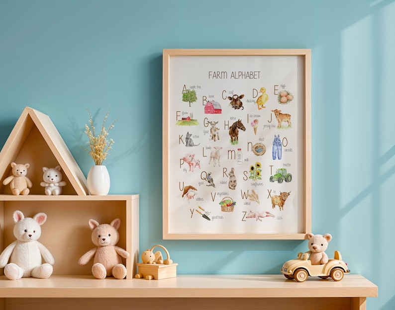 Alfabeto della fattoria stampabile, alfabeto della fattoria ad acquerello, alfabeto degli animali della fattoria, poster dell'alfabeto della fattoria, decorazioni per la cameretta a tema fattoria, Montessori stampabile immagine 2