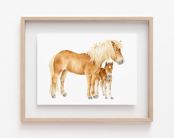 Mom and Baby Horse Painting, Baby Horse, Watercolor Horse Print, Farm Nursery Decor, Cute Horse Art, Baby Animal Art, Farm Animal Art