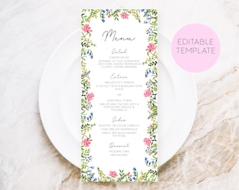 Pink and Blue Floral Menu, Wildflower Menu, Watercolor Floral Menu, Bright Floral Wedding Menu, Flowers Wedding Menu, Editable Menu