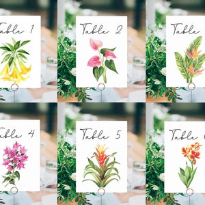 Juego de 20 números de mesa tropicales, tarjetas de mesa con flores tropicales, números de mesa para bodas en la playa, decoración para bodas de destino, decoración para bodas en islas