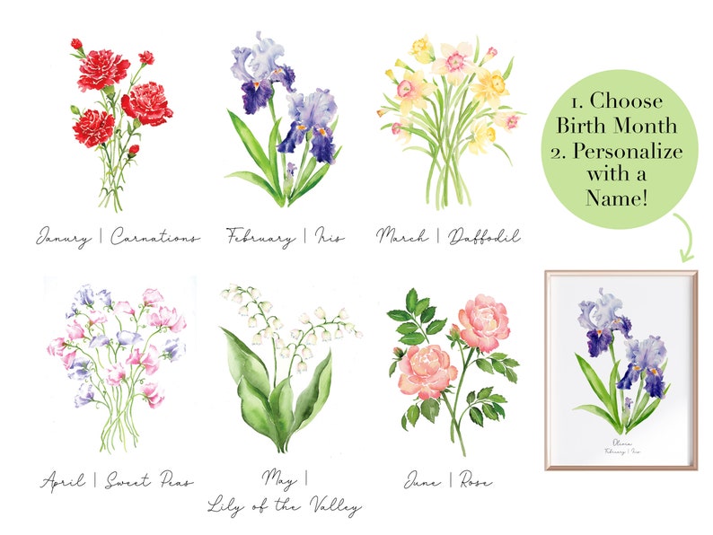Personalized Birth Flower Art Birth Flower Print Watercolor - Etsy