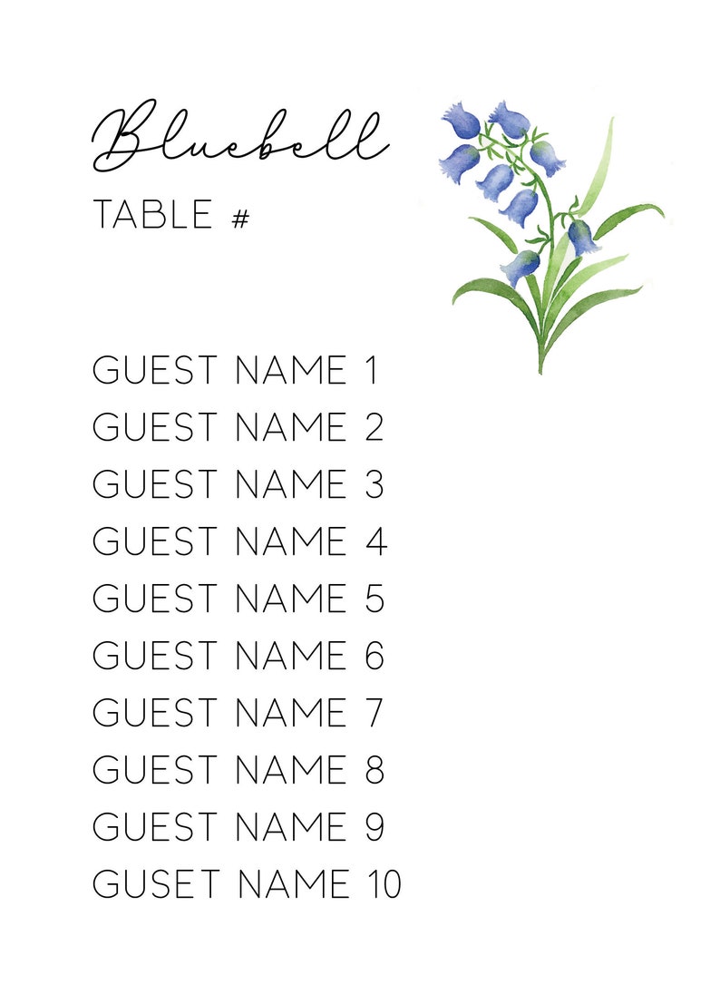 Puede incluir: Un plano de mesa con el t&iacute;tulo "Bluebell" y el texto "TABLE #". El plano enumera diez nombres de invitados.