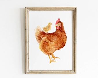 Mom and Baby Chicken Print, Baby Chick Print, Watercolor Chicken Print, Farm Animal Nursery Print, Farm Nursery Decor, Mom and Baby Animals