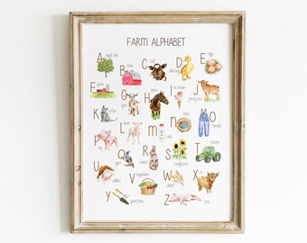 Bauernhof Alphabet zum Ausdrucken, Aquarell Bauernhof Alphabet, Bauernhof Tiere Alphabet, Bauernhof Alphabet Poster, Bauernhof Kinderzimmer Dekor, Montessori zum Ausdrucken