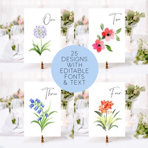 Números de mesa com flores silvestres para imprimir, números de mesa com flores em aquarela, números de mesa com flores para imprimir, números de mesa com flores coloridas