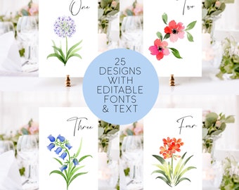 Printable Wildflower Table Numbers, Watercolor Flower Table Numbers, Printable Floral Table Numbers, Colorful Floral Table Numbers