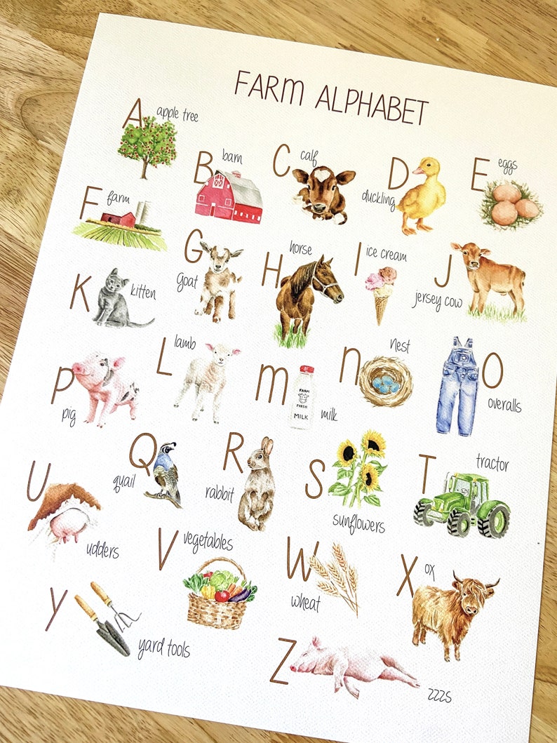 Pu&ograve; includere: Un grafico dell'alfabeto colorato con illustrazioni a tema fattoria. Ogni lettera dell'alfabeto &egrave; abbinata a una parola e un'immagine legate alla fattoria, come melo, fienile, vitello, anatroccolo, uova, fattoria, capra, cavallo, gelato, mucca jersey, gattino, agnello, latte, nido, salopette, maiale, quaglia, coniglio, girasoli, trattore, mammella, verdure, grano, bue, attrezzi da giardino e maiale.