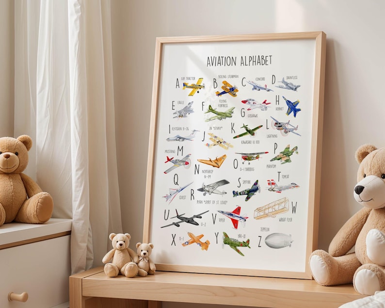 K&ouml;nnte beinhalten: Ein gerahmter Druck mit dem Titel "Aviation Alphabet" zeigt farbenfrohe Aquarellillustrationen verschiedener Flugzeuge, die jeweils mit einem Buchstaben des Alphabets beschriftet sind. Der Druck steht auf einem Holztisch, mit Teddyb&auml;ren auf beiden Seiten.