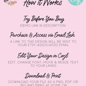 Puede incluir: Fondo rosa con texto negro que explica c&oacute;mo utilizar un servicio de dise&ntilde;o digital. El texto dice "How it Works", "Try Before You Buy", "Purchase & Access via Email Link", "Edit Your Design in Corjl", y "Download & Print".