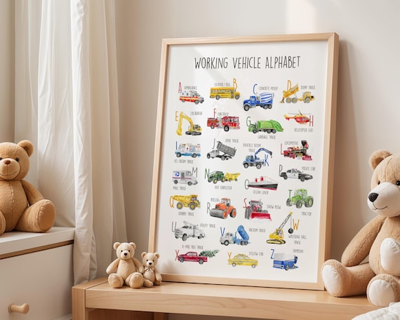 Construction Alphabet Print, Trucks Alphabet, Trucks Decor, On The Go Alphabet, Watercolor Trucks, Transportation Wall Art, Boy Nursery, A-Z