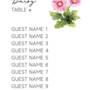 Puede incluir: Un plano de mesa con la palabra "Daisy" y "TABLE #" en la parte superior. El plano enumera diez nombres de invitados. Una ilustraci&oacute;n de acuarela de margaritas rosas con hojas verdes se encuentra en la esquina superior derecha.