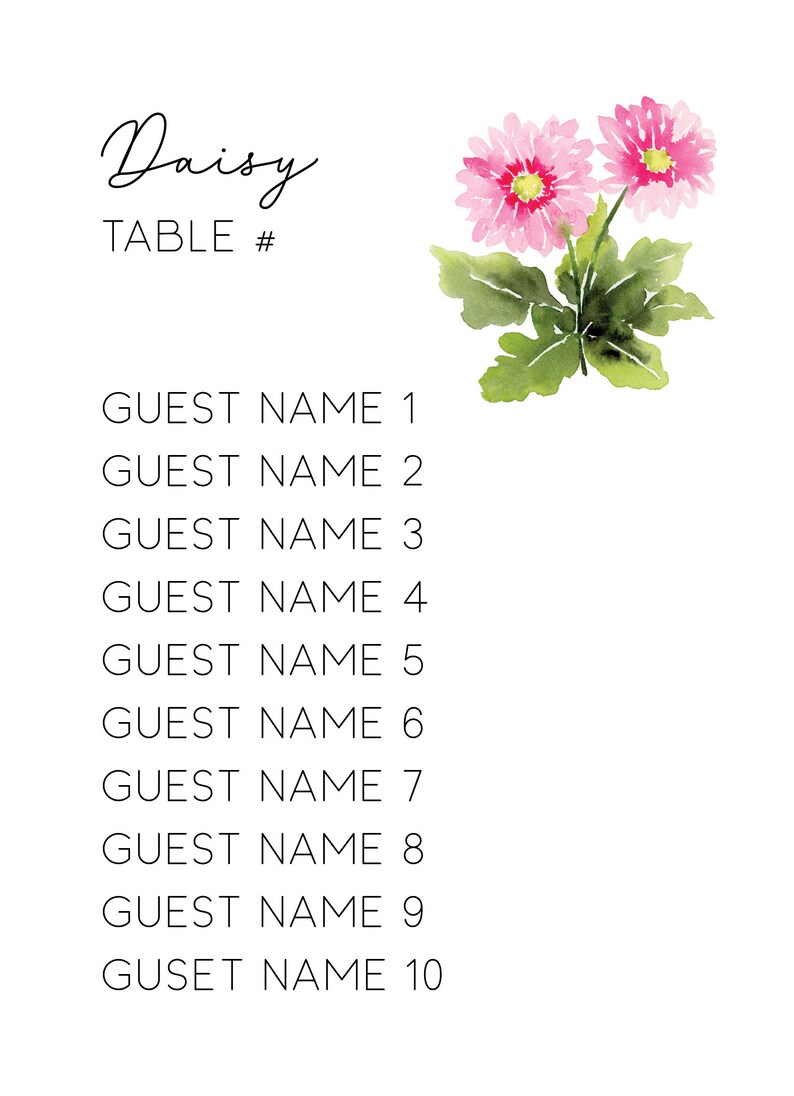 Puede incluir: Un plano de mesa con la palabra "Daisy" y "TABLE #" en la parte superior. El plano enumera diez nombres de invitados. Una ilustraci&oacute;n de acuarela de margaritas rosas con hojas verdes se encuentra en la esquina superior derecha.