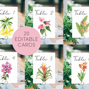 Números de mesa tropicales imprimibles, números de mesa con flores tropicales, tarjetas de mesa para bodas en la playa, decoración para bodas de destino, bodas tropicales