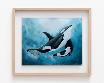 Watercolor Whale Print, Cute Whale Art, Mom and Baby Whale, Mom and Baby Orca, Watercolor Orcas, Ocean Nursery Decor, Baby Shower Gift