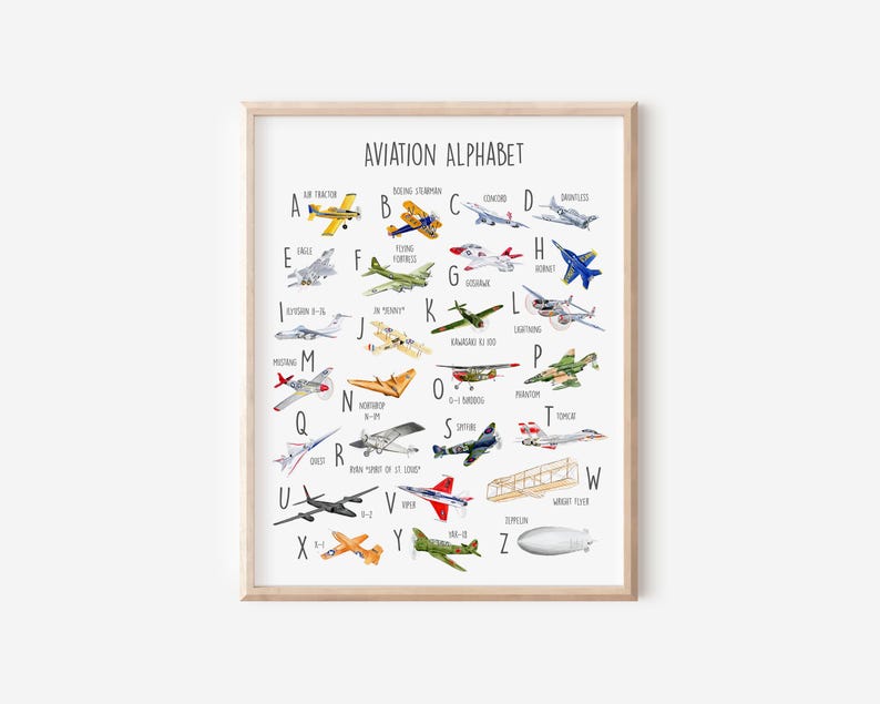 K&ouml;nnte beinhalten: Ein gerahmter Druck mit dem Titel "Aviation Alphabet" zeigt Aquarellillustrationen von Flugzeugen, die jeweils mit einem Buchstaben von A bis Z beschriftet sind. Das Kunstwerk ist vor einem wei&szlig;en Hintergrund mit einem Holzrahmen.