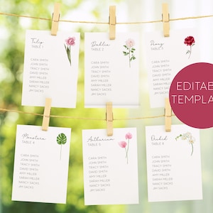Plantilla elegante de plano de asientos con motivos florales, plano de asientos con motivos florales en acuarela, plano de asientos imprimible, plano de asientos personalizado, tarjetas para mesas de boda