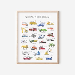 May include: A framed print featuring a watercolor illustration of a working vehicle alphabet. Each letter showcases a different vehicle, including an ambulance, school bus, concrete mixer, and dump truck. The print is in a light wood frame.