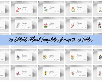 Tarjetas de lugar con flores para imprimir, plantillas de tarjetas de acompañantes con flores silvestres, tarjetas de asientos con flores, señalización de bodas de primavera, tarjetas de lugar variadas, Corjl