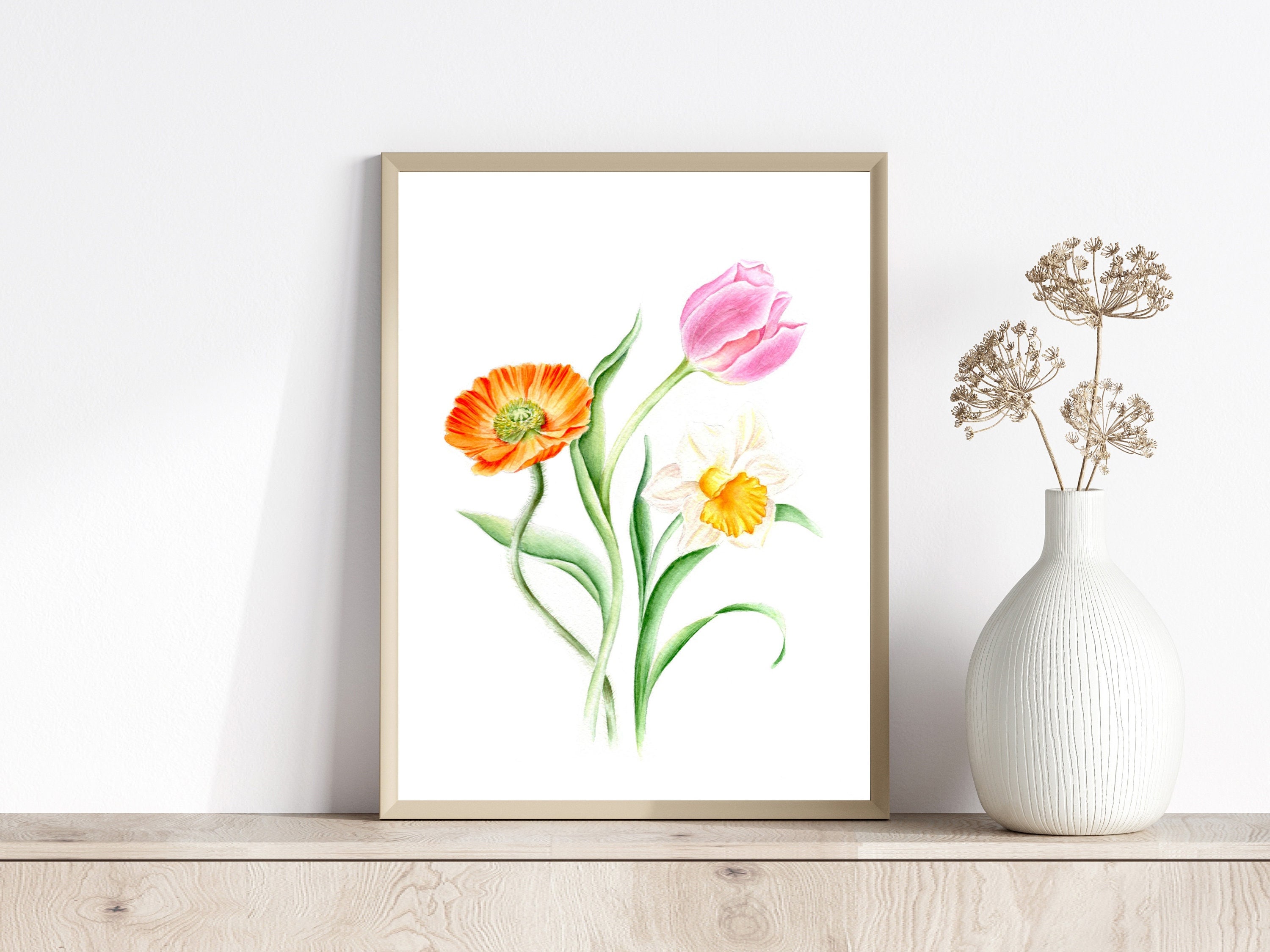 Tulip Daffodil Poppy Print, Spring Flower Wall Art, Floral Watercolor Baby Girl Nursery Decor, Cadeau De Fête Des Mères, Art Botanique
