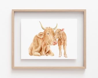 Mom and Baby Cow Print, Baby Cow Painting, Watercolor Cow Print, Farm Animal Nursery Print, Farm Nursery Decor, Baby Room Art, Cute Cow Art