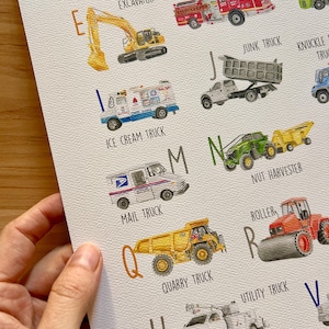May include: Watercolor illustration of an alphabet chart featuring various trucks. Includes an ambulance, excavator, fire truck, ice cream truck, mail truck, and quarry truck. Each truck is labeled with a corresponding letter.