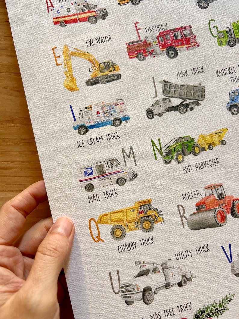 May include: Watercolor illustration of an alphabet chart featuring various trucks. Includes an ambulance, excavator, fire truck, ice cream truck, mail truck, and quarry truck. Each truck is labeled with a corresponding letter.