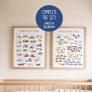 May include: Two framed prints with a wooden frame. The left print is titled "Working Vehicle Alphabet" and the right print is titled "Counting Working Vehicles". The prints feature colorful illustrations of various construction vehicles and the text "COMPLETE THE SET! LINKED IN DESCRIPTION".