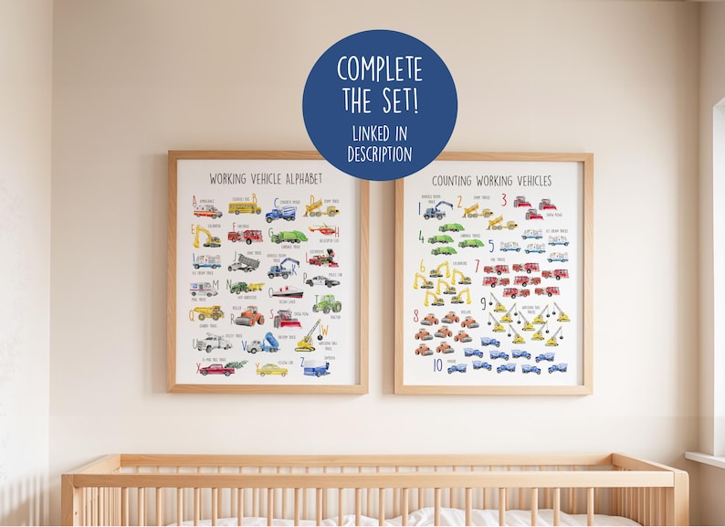 May include: Two framed prints with a wooden frame. The left print is titled "Working Vehicle Alphabet" and the right print is titled "Counting Working Vehicles". The prints feature colorful illustrations of various construction vehicles and the text "COMPLETE THE SET! LINKED IN DESCRIPTION".